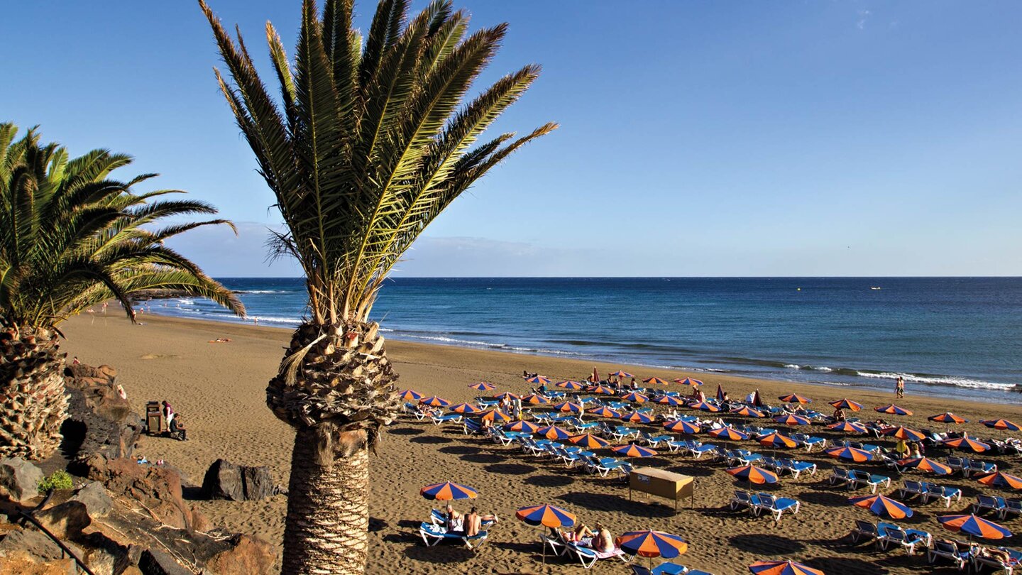 der Stadtstrand Playa Grande liegt direkt an der Avenida las Playas in Puerto del Carmen auf Lanzarote