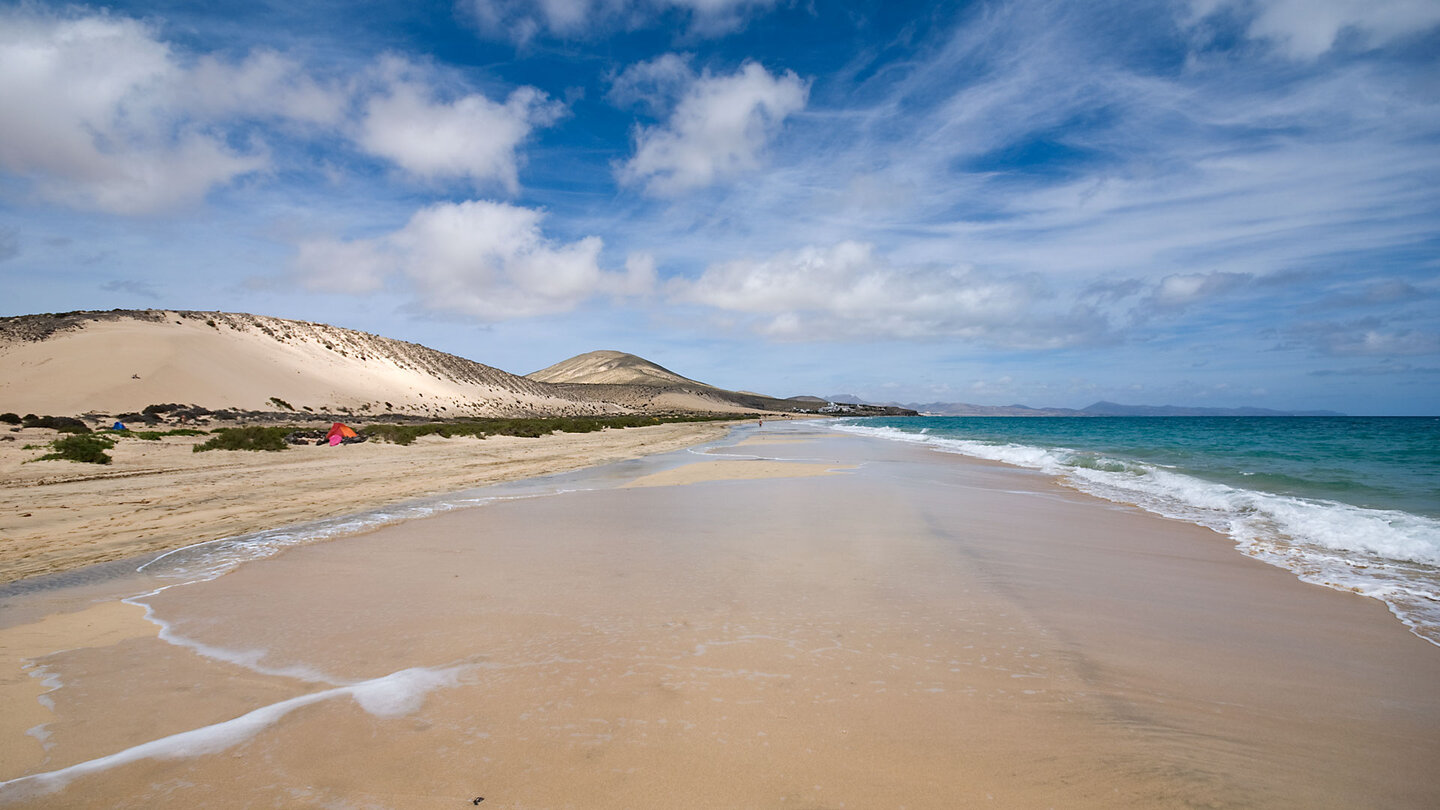 der Strand entlang der Dünen an der Playa de Sotavento auf Fuerteventura