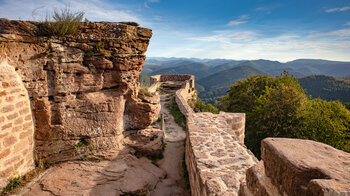 Blick über die Wegelnburg auf den Pfälzerwald