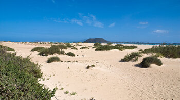 Playas Grandes de Corralejo auf Fuerteventura mit der Insel Los Lobos im Hintergrund