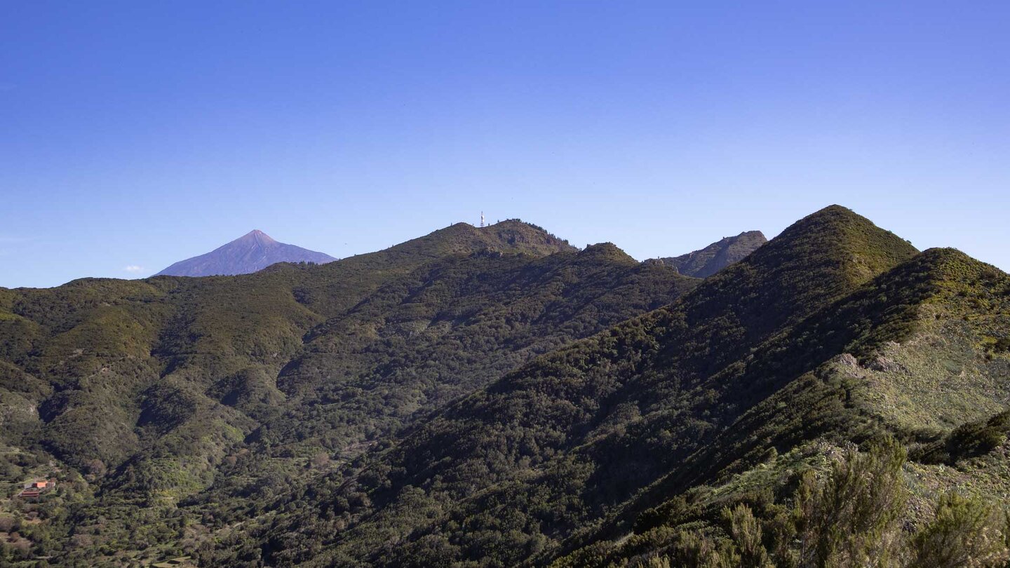 Blick entlang der Cumbre de Bolico mit dem 1.354 Meter hohen Cruz de Gala und dem Teide im Hintergrund