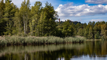 der Turm des Château de Waldeck hinter dem Hanauer Weiher