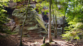 Wanderroute am Fuße des Burgfels der Ruine Waldeck