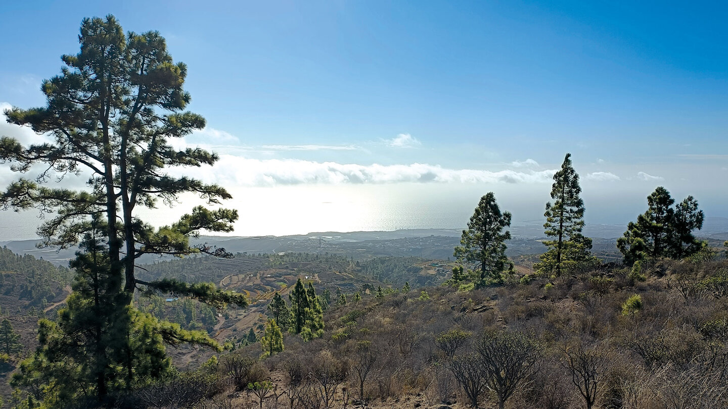 Ausblick vom Wanderweg über Kulturlandschaft zur Küste