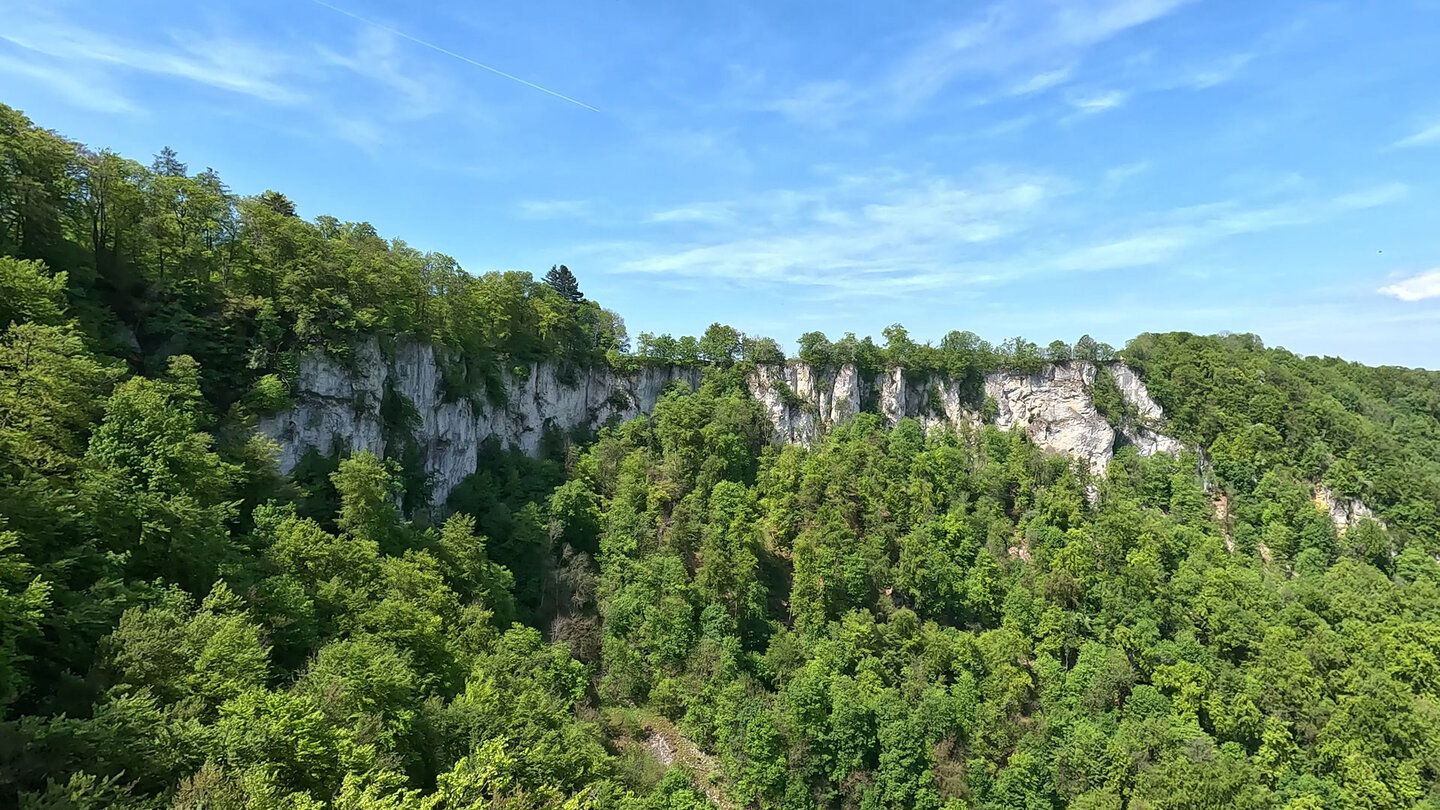 Blick auf die Kalkwand der Uracher Alb beim Rutschenfelsen