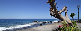 Blick von der Strandpromenade Playa de la Calera bei Valle Gran Rey auf La Gomera auf den Atlantik