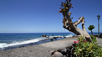 Blick von der Strandpromenade Playa de la Calera bei Valle Gran Rey auf La Gomera auf den Atlantik