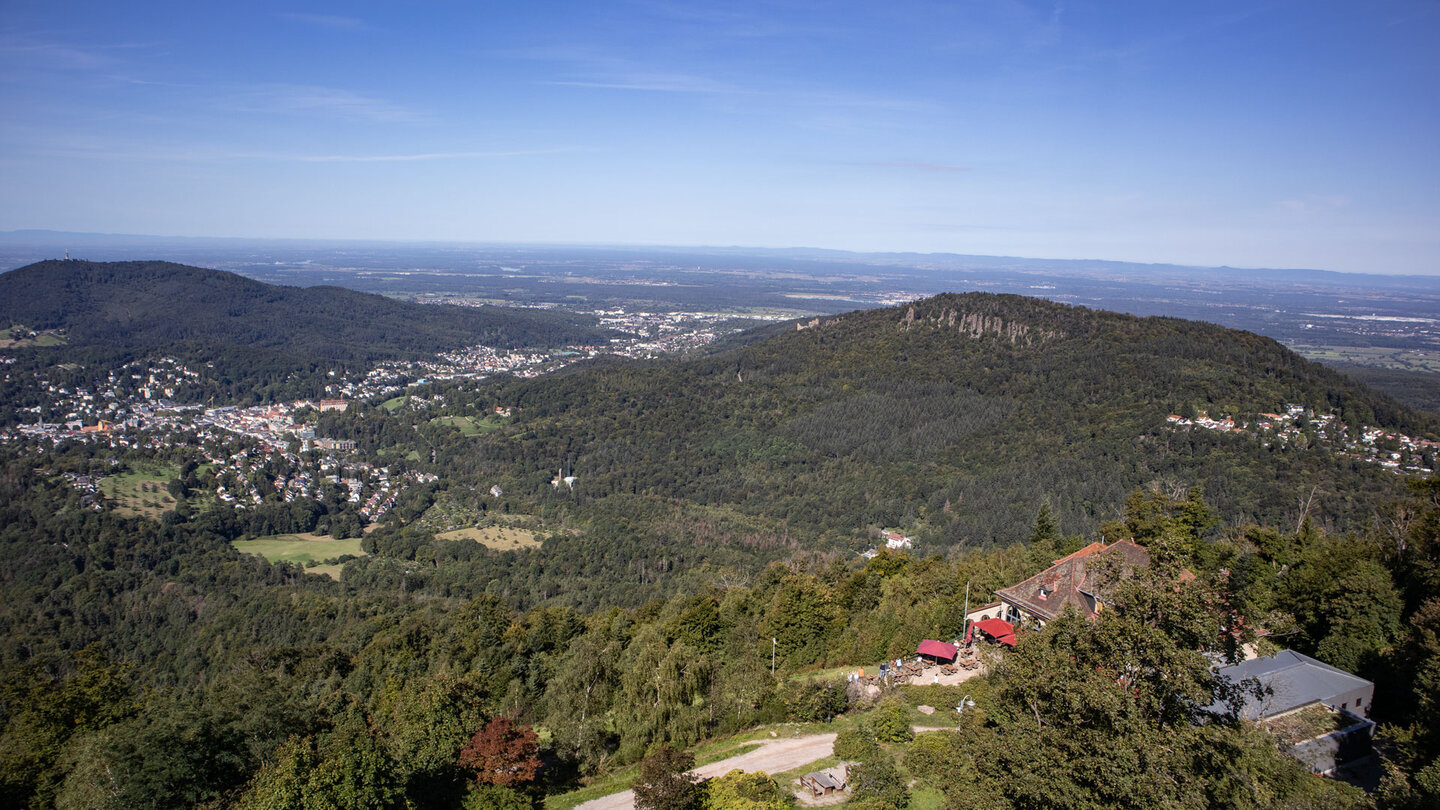 Blick vom Merkur auf Baden-Baden zum Alten Schloss und den Battertfelsen