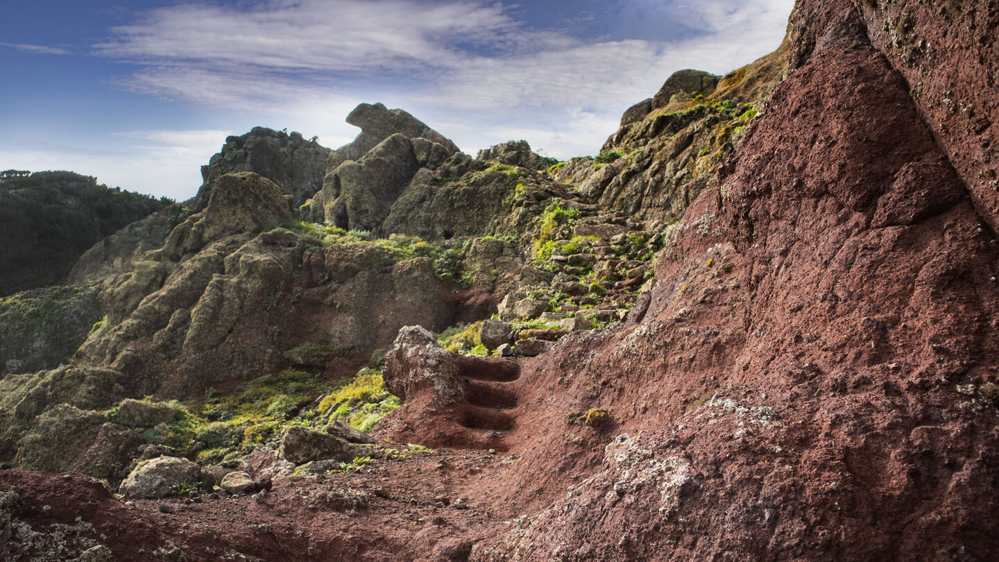 Wanderweg durch rotes Gestein am RIsco Steig