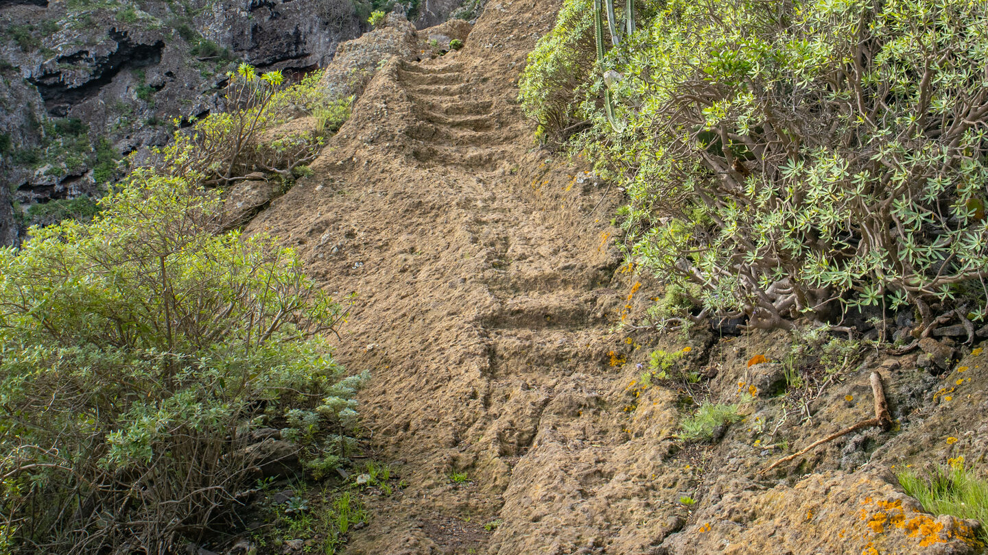 Routenabschnitt mit in den Fels geschlagenen Stufen am Camino del Risco