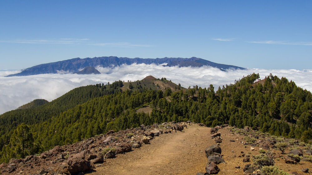 Blick von der Hochebene der Cumbre Vieja zur Gipfelkette der Caldera de Taburiente