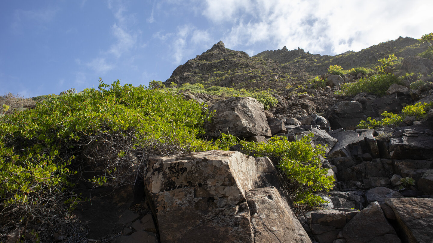 schroffe Berggipfel zu beiden Seiten des Barranco de la Poceta