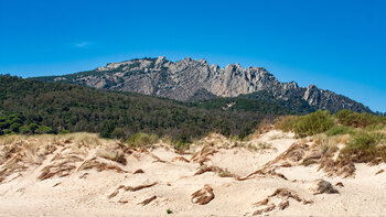 von der Punta Paloma blickt man über die Düne von Valdevaqueros auf die ersten Berge