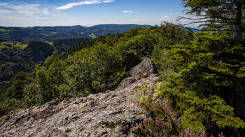 Blick entlang der Felsformationen des Klettersteigs am Karlsruher Grat