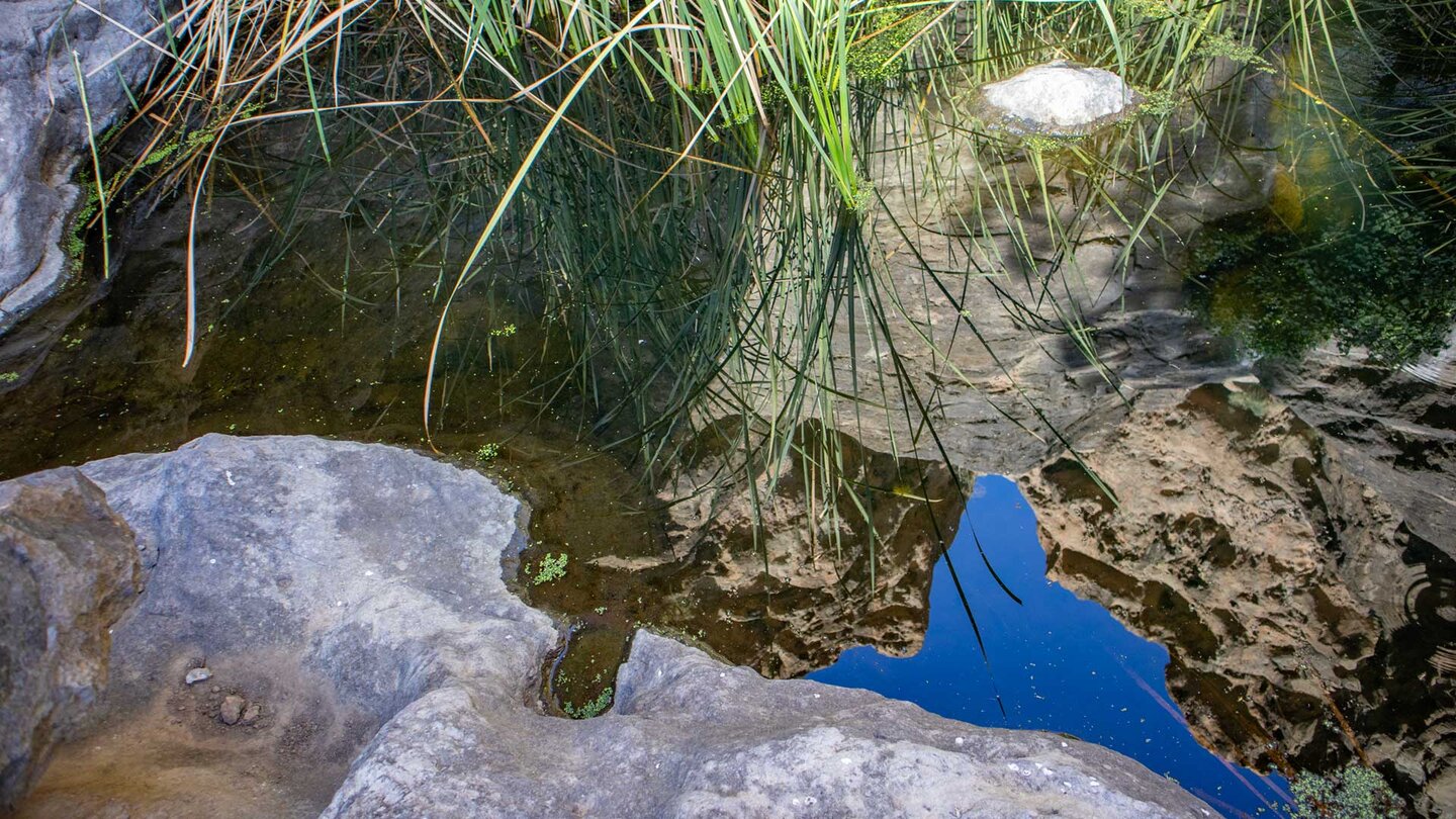 Spiegelung des Felsmassivs an der Cascada de Soria